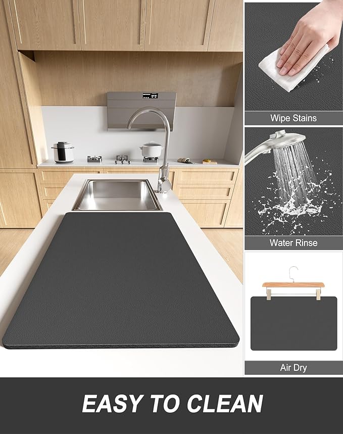 Rnivvi Dish Drying Mat for Kitchen Counter, XL 15 x 24" Super Absorbent Drainer Pad Easy Clean Dish Rack Pad, Non-Slip Heat Resistant Coffee Bar Mats for Coffee Machine Station Accessories Decor, Gray - Image 6