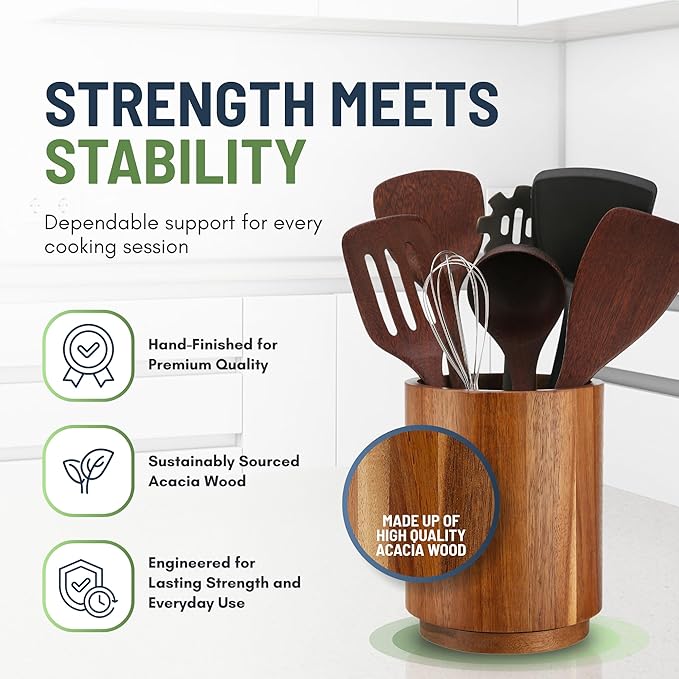 Linda's Essentials Acacia Wooden Utensil Holder for Kitchen Counter, 7.2" Wood Utensil Holder Counter, Kitchen Utensils Holder with 360° Rotation, Non-Slip Large Utensils Holders, Spatula Holders - Image 6