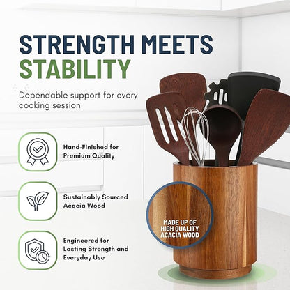 Linda's Essentials Acacia Wooden Utensil Holder for Kitchen Counter, 7.2" Wood Utensil Holder Counter, Kitchen Utensils Holder with 360° Rotation, Non-Slip Large Utensils Holders, Spatula Holders - Image 6