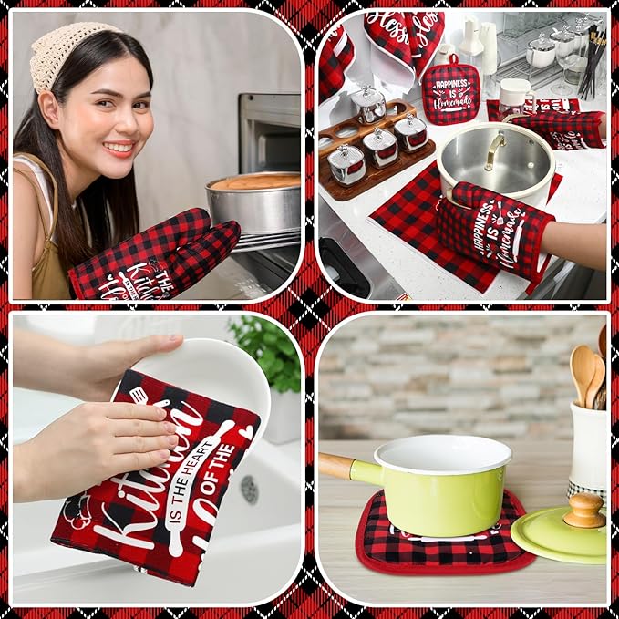 Fourluoo 10 Pcs Farmhouse Kitchen Decor and Accessories Set 4 Kitchen Towels 2 Pot Holders 2 Oven Mitts 2 Rugs for Cooking Baking Mom Housewarming Gifts(Red White,Classic Style) - Image 6