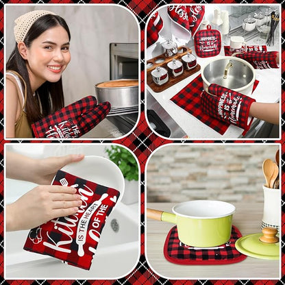 Fourluoo 10 Pcs Farmhouse Kitchen Decor and Accessories Set 4 Kitchen Towels 2 Pot Holders 2 Oven Mitts 2 Rugs for Cooking Baking Mom Housewarming Gifts(Red White,Classic Style) - Image 6