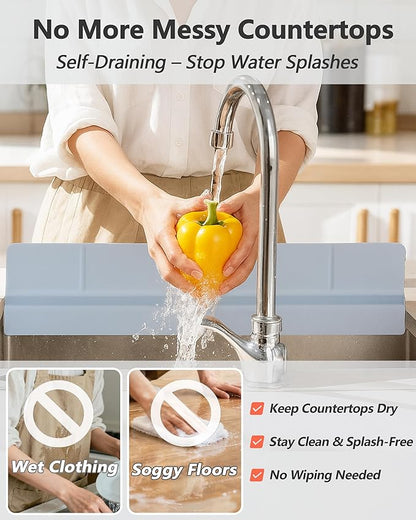 Kitchen Sink Splash Guard 23" 18" 30" Self-Draining Silicone Water Guard with High Splash Wall & Strong Suction Cups for Faucet, Countertop & Sink Edge, Keeps Sinks Dry, Dishwasher Safe, Gray