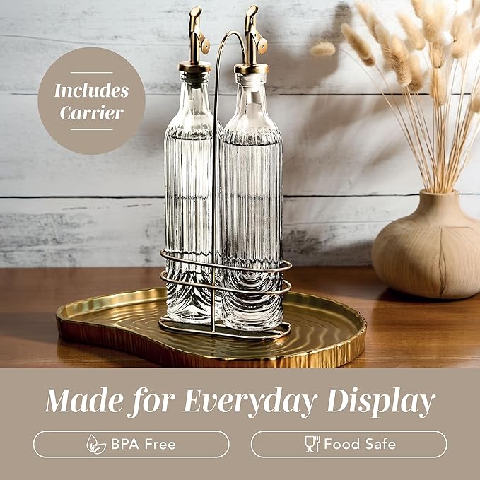 COOK WITH COLOR Glass Olive Oil Bottle Dispenser - 2 Pack- 17oz Oil and Vinegar Cruet - Olive Oil Carafe Decanter for Kitchen, Elegant Fluted, Brown - Image 6