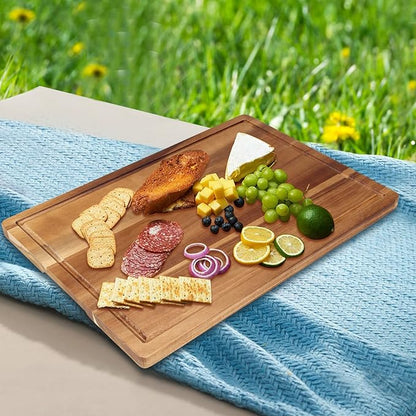 17" Best Solid Acacia Wood Cutting Boards for Kitchen Meat Large Wooden Charcuterie Board Food Non Toxic Hardwood Chopping Boards with Juice Groove Thick Butcher Block Big Bread Serving Cheese Board - Image 5