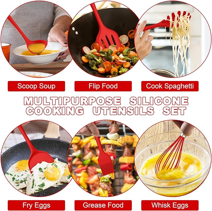 E-far Silicone Cooking Utensils Set, 24Pcs Heat Resistant Kitchen Utensil with Holder, Silicone Kitchen Tools with Spatula Turner Spoon Tongs Whisk, Non-Toxic & Dishwasher Safe (Red) - Image 3