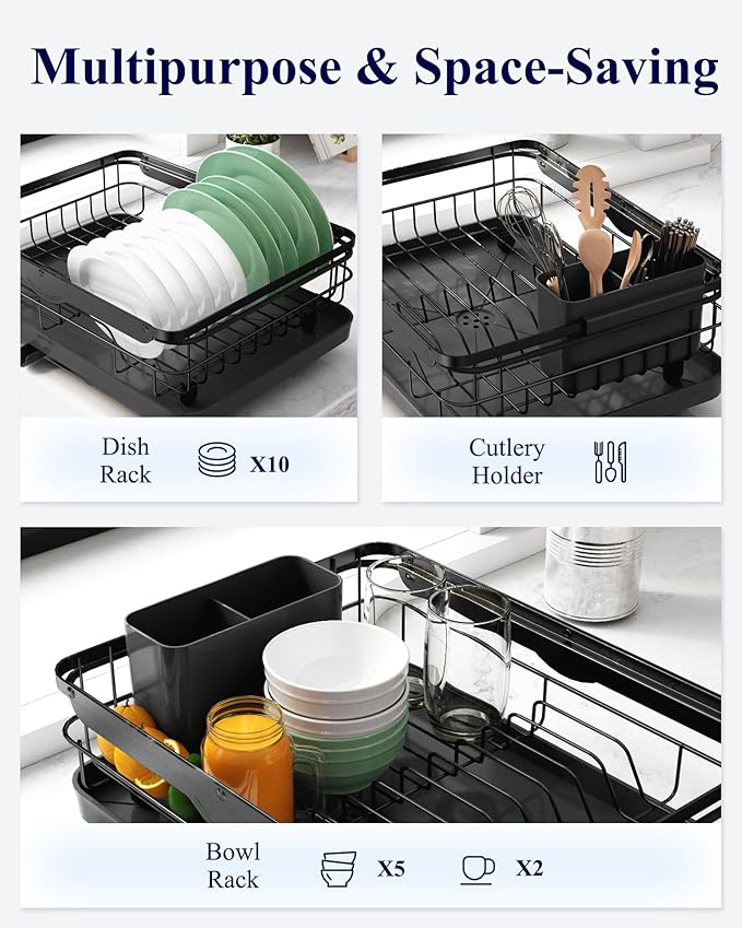 Kitsure Dish Drying Rack for Kitchen Counter, Stainless Steel Sink Organization and Storage Essentials with Cutlery Holder, Home and Appartment Decor, 12.2''W x 15.7''~23''L, Black - Image 3