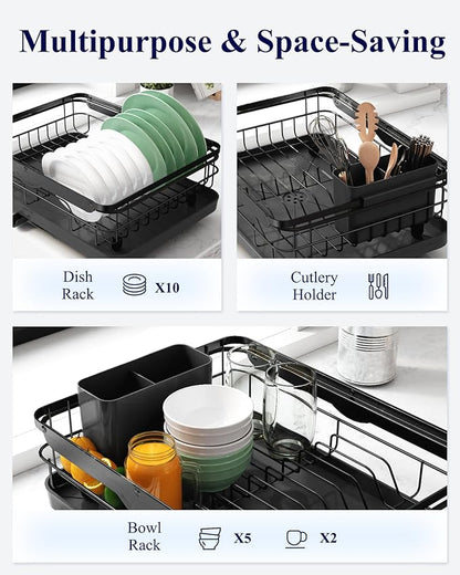 Kitsure Dish Drying Rack for Kitchen Counter, Stainless Steel Sink Organization and Storage Essentials with Cutlery Holder, Home and Appartment Decor, 12.2''W x 15.7''~23''L, Black - Image 3