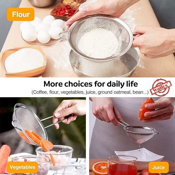 Walfos 4.6 Inch Fine Mesh Strainer, Premium Stainless Steel Colanders and Sifters, with Reinforced Frame and Sturdy Handle, Perfect for Sift, Strain, Drain and Rinse Vegetables, Pastas and Tea - Image 4