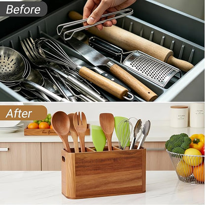 2PC Wooden Kitchen Utensil Holder for Countertop - Wall-mountable Large 4+3 Compartment Acacia Wood Organizer, Rustic Minimalist Utensil Crock for Cooking Tools and Flatware Storage