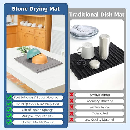 Zinovo 5pcs Stone Dish Drying Mats for Kitchen Counter,Quick Dry Water-Absorbent Diatomaceous Stone,Heat Resistant,Non-slip Bracket, Faucet Mat For Bathroom /Sink/Washbasin,For Cups /Bottles,Gray