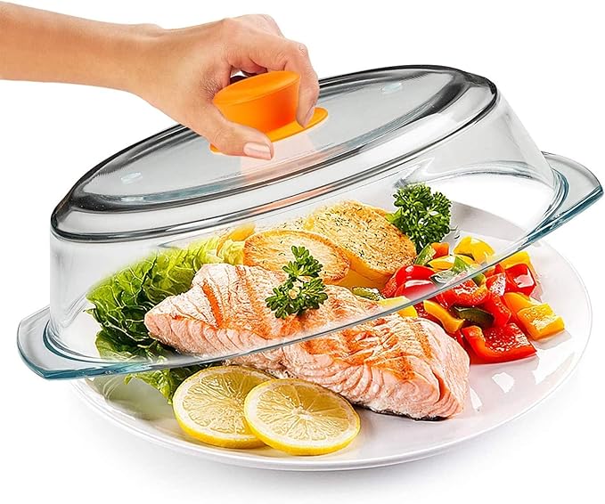 Bezrat Microwave Tall Glass Plate Cover For Food | Splatter Guard Lid with Easy Grip Silicone Handle Knob & Steam Vents | 100% Food Grade | BPA Free and Dishwasher Safe | Plates and Bowls 10 x 3 Inch - Image 4