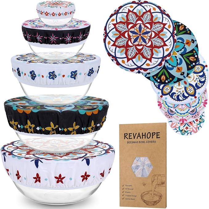 5-Size Reusable Beeswax Bowl Covers for Bread Proofing, Cotton Cloth Flexible Beeswax Wraps for Food Storage(Pentagonal Floral) by Revahope