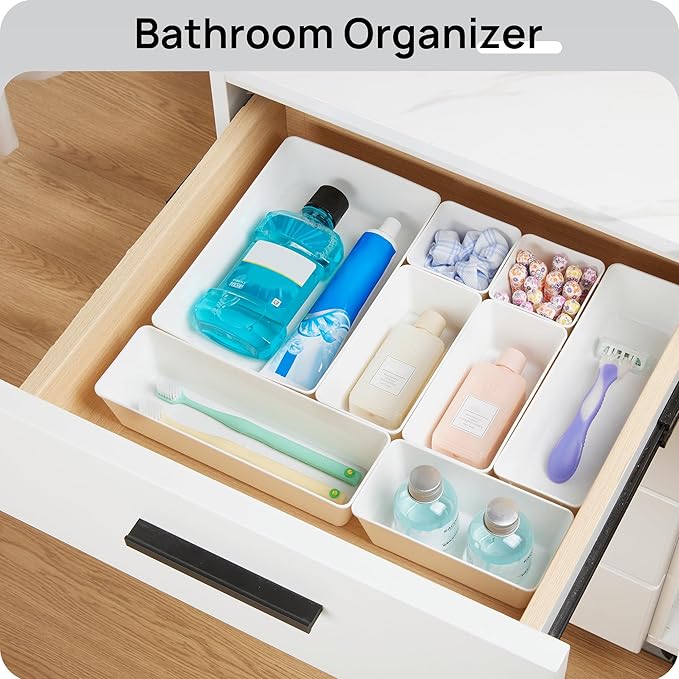 Vtopmart 44 PCS Plastic Drawer Organizers Set, 4-Size Versatile Bathroom and Vanity Organizer Trays, Non-Slip Storage Containers for Makeup, Jewelries, Bedroom，Kitchen Utensils and Office, White - Image 5
