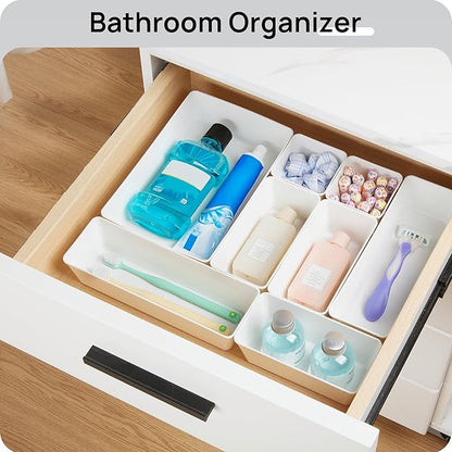 Vtopmart 44 PCS Plastic Drawer Organizers Set, 4-Size Versatile Bathroom and Vanity Organizer Trays, Non-Slip Storage Containers for Makeup, Jewelries, Bedroom，Kitchen Utensils and Office, White - Image 5