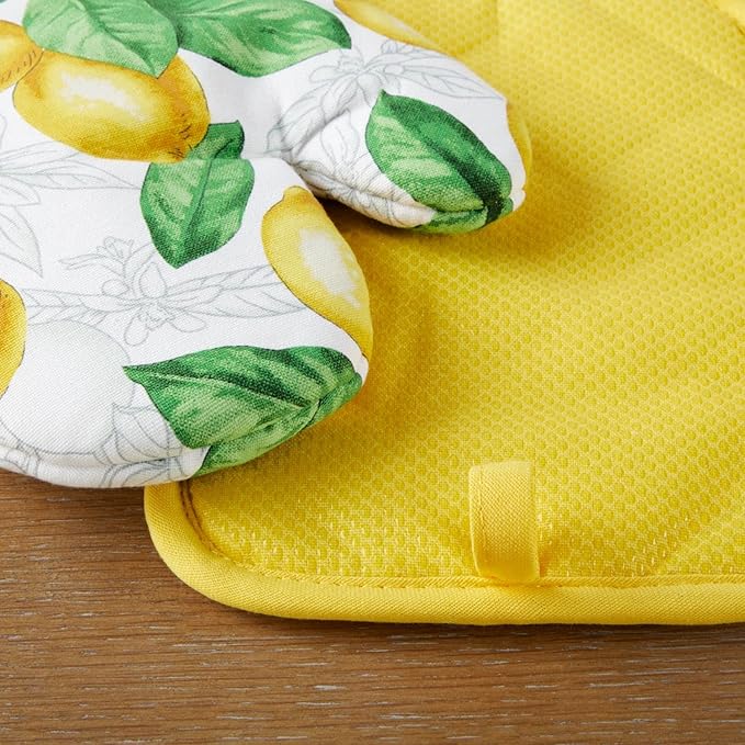 Martha Stewart Lots of Lemons Modern Kitchen Towel, Oven Mitt & Potholder Set, 4-Pack, White-Yellow - Image 4