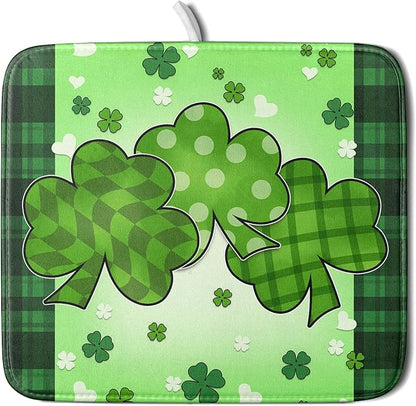 St Patrick's Day Shamrocks Dish Drying Mat 16x18 Inch - Lucky Clovers Kitchen Spring Irish Green Buffalo Check Plaid Pad - Absorbent Microfiber for Coffee Bar