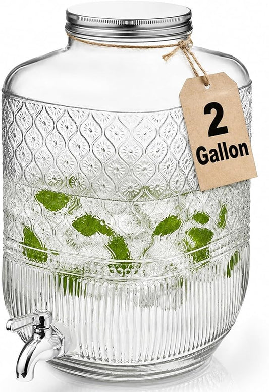 Godinger Drink Dispenser 2 Gallon, Large Glass Water Dispenser - (256oz) Clear