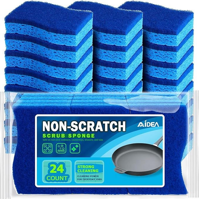 AIDEA Non Scratch Scrub Sponge, 24Count, Sponges for Dishes, Sponges Kitchen, Cleaning Sponge, Cleans Fast Without Scratching, Stands Up to Stuck-on Grime, Cleaning Power for Everyday Jobs by AIDEAHOME