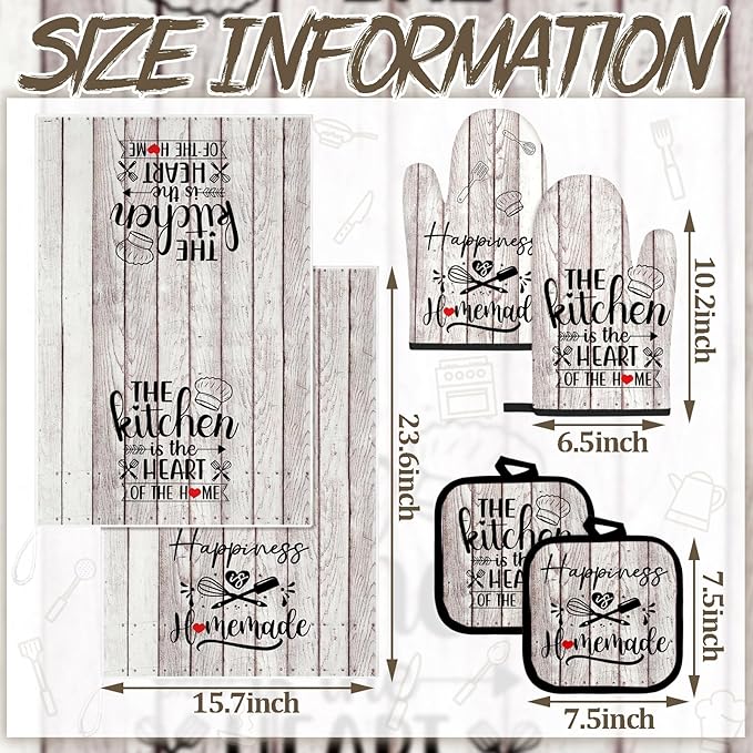 Sratte 6 Pcs Kitchen Decor Accessories Set Farmhouse Towels Pot Holders Oven Mitts Set 2 Dish Towels 2 Potholders 2 Cooking Mittens Oven Glove for Christmas Baking Cooking(White Wood Grain) - Image 4