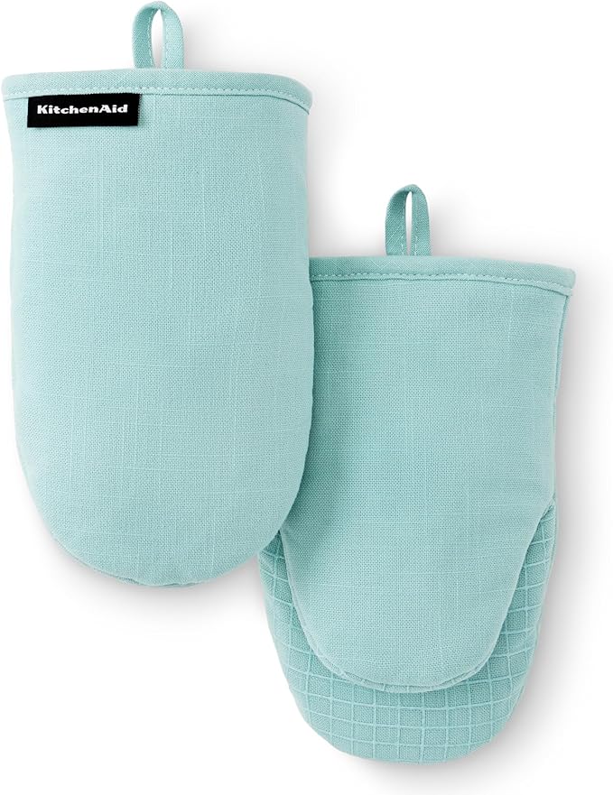 KITCHENAID Gourmet Series Gridlines Mini Oven Mitts 2-Pack Set, Heat Resistant up to 600°F, Soft Silicone Grip, Magnetic Cuff, Mineral Water Aqua, 5.5"x9" by KitchenAid