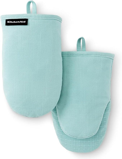 KITCHENAID Gourmet Series Gridlines Mini Oven Mitts 2-Pack Set, Heat Resistant up to 600°F, Soft Silicone Grip, Magnetic Cuff, Mineral Water Aqua, 5.5"x9" by KitchenAid