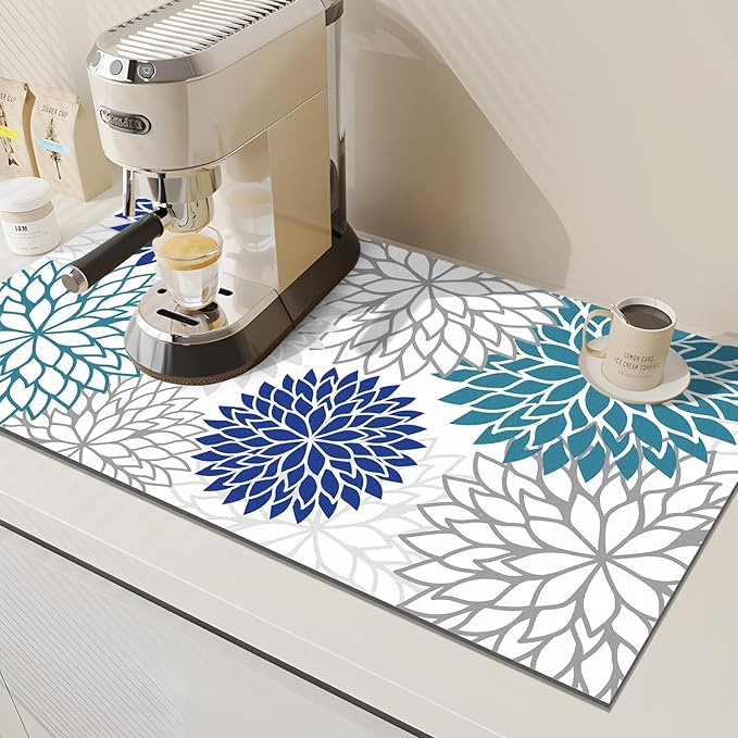 Findosom 2PCS 12" x 20" Dish Drying Mat & 24" x 5.5" Sink Splash Guard, Super Absorbent & Cuttable Dish Mat Drying Kitchen Mat with Blue Floral, Hide Stain Drying Mat for Kitchen Counter - Image 5