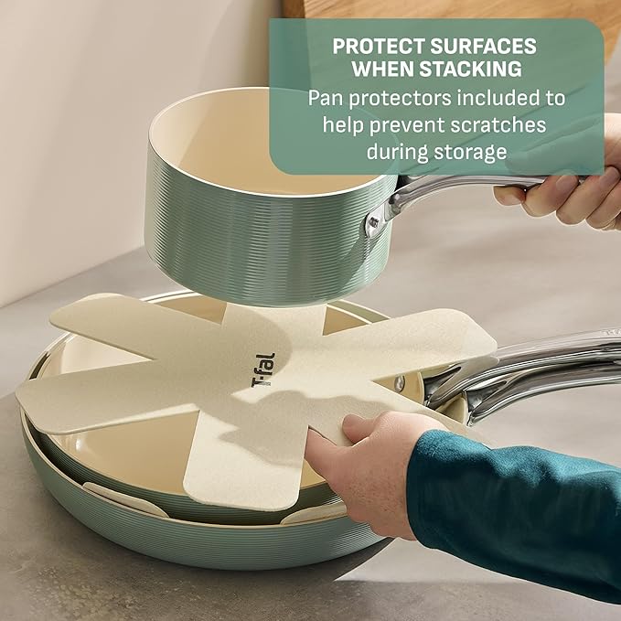 T-Fal Inspire Nonstick Ceramic Cookware Set, 10-Piece, Oven Safe to 500°F, Stockpot, Ceramic Pots and Pans Set, Frying Pans, Saucepans, Stockpot, Protectors, Mint Green - Image 7