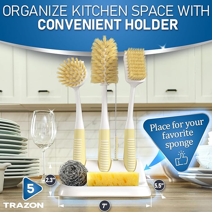 Dish Brush Set of 5 with Holder - Kitchen Scrub Brushes with Non-Slip Long Handle for Cleaning, Scrubber, Dishwashing, Dishes, Bottles, Straws, Cups, Pots & Sink, Baige - Image 5