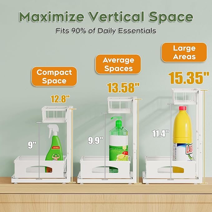 Under Sink Organizer, Cabinet Organizer for Kitchen, Height Adjustable Pull Out Heavy Duty 2 Tier Metal Under Sink Storage for Bathroom Pantry (White, 1 Pack) - Image 4