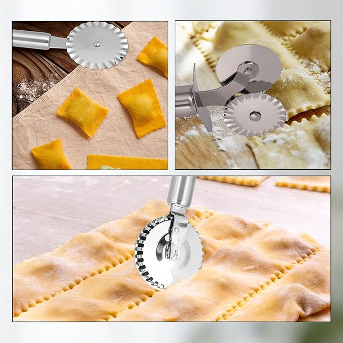 3pcs Pastry Wheel Cutter Set, Stainless Steel Ravioli Pizza Cutter Wheel & Fluted Pasta Crimper with Ergonomic Handle for Dough Pie Kitchen Tools Accessories Supplies (Silver)