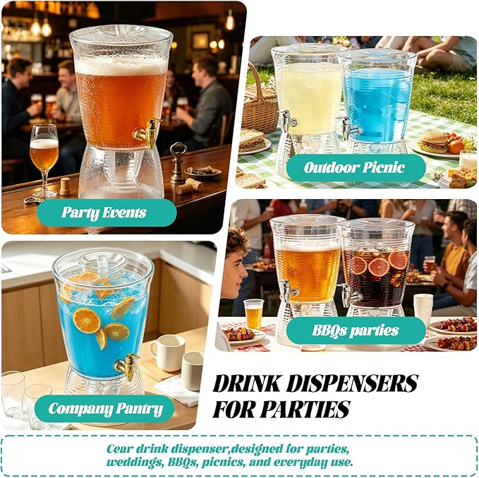 2 Pack Drink Dispenser for Parties 1.6 Gallon, Large 6L Plastic Water Dispenser, Juice Beverage Dispensers for Counter Tops for Restaurants, Hotels, BBQ, Picnic, Party
