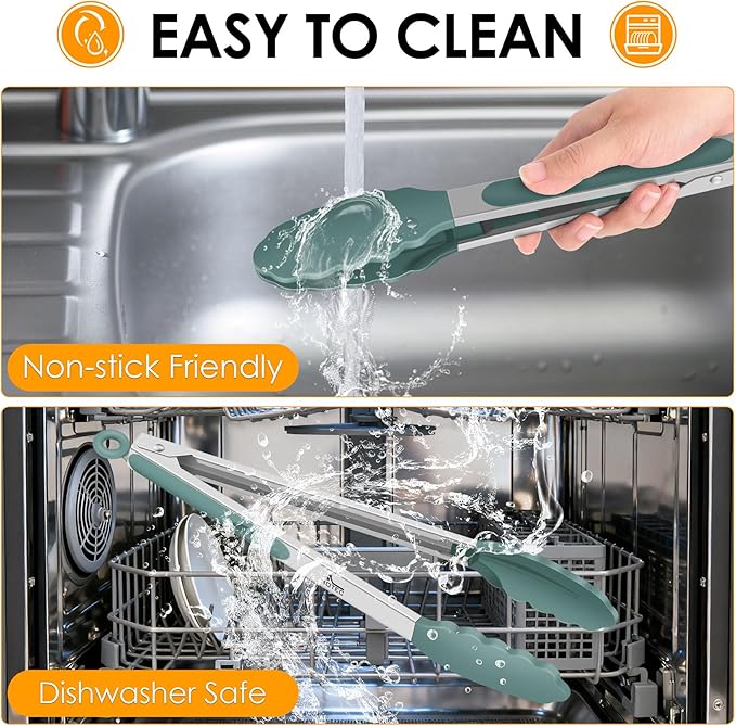 HOTEC Premium Stainless Steel Locking Kitchen Tongs with Silicon Tips, Set of 3-7", 9" and 12" (Sage Green) - Image 6
