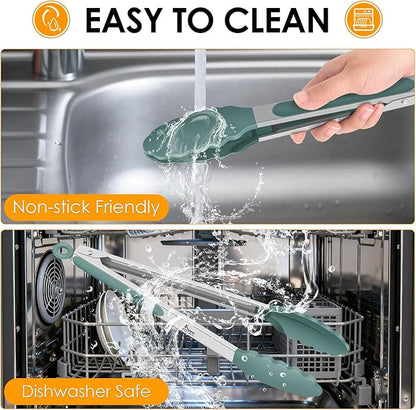 HOTEC Premium Stainless Steel Locking Kitchen Tongs with Silicon Tips, Set of 3-7", 9" and 12" (Sage Green) - Image 6