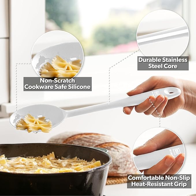 DI ORO Silicone Spoons for Cooking - Large Kitchen Utensils for Mixing, Serving, & Stirring - 600F Heat-Resistant Non Stick - Big Solid & Slotted Basting Spoons - Dishwasher Safe (2pc, Stone) - Image 3