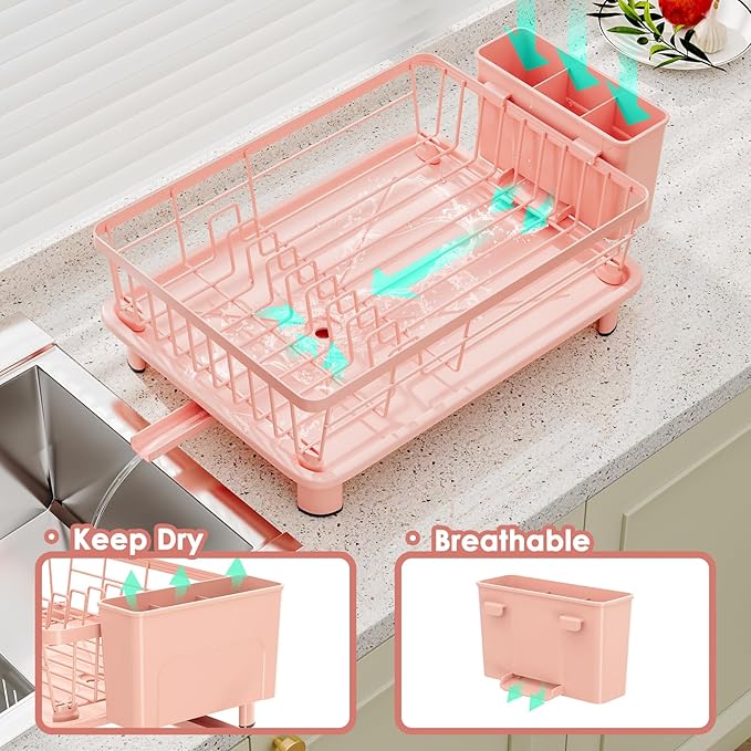 GAOKASE Dish Drying Rack, Stainless Steel-Dish Rack, Dish Racks for Kitchen Counter, Kitchen Dish Drainers with Removable Utensil Holder,New Drain Outlet,Plate Rack and Drainboard,(Pink-11 W x 15" L) - Image 2