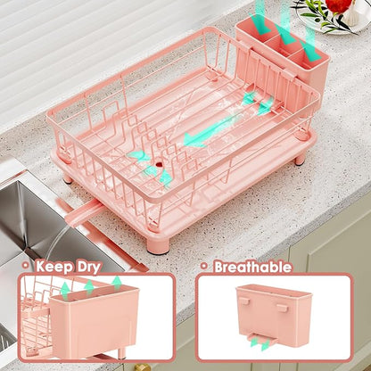 GAOKASE Dish Drying Rack, Stainless Steel-Dish Rack, Dish Racks for Kitchen Counter, Kitchen Dish Drainers with Removable Utensil Holder,New Drain Outlet,Plate Rack and Drainboard,(Pink-11 W x 15" L) - Image 2