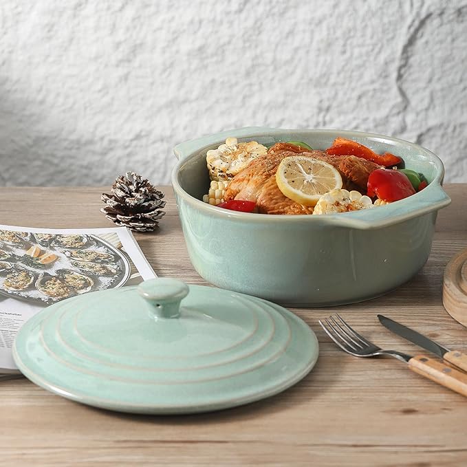 HVH Ceramic Casserole Dish with Lid Oven Safe, 2 Quart Round Casseroles Dish Set, 9 Inches Round Baking Dish with Lid Oven Safe, Deep Casserole Dishes for Oven with Lids for Dinner Party (Turquoise) - Image 2
