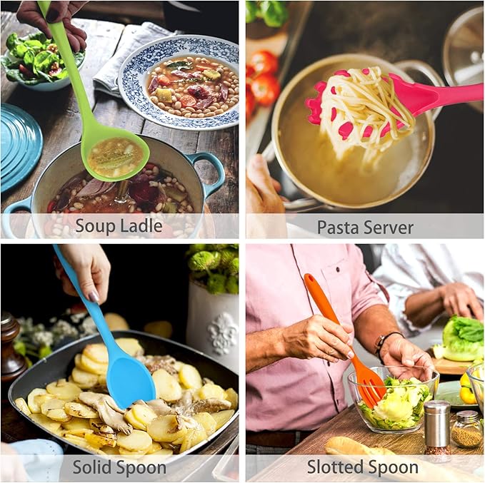 P&P CHEF Silicone Cooking Utensils Set of 7, Heat-proof Kitchen Utensils Set for Nonstick Cookware, Non-stick Spatula, Slotted Turner, Soup Ladle, Pasta Server, Spoon for Cooking Serving - Multicolor - Image 4