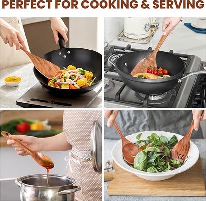 6x Large Wooden Spoons for Cooking Kitchen Utensil Set Smooth Finish Wooden Cooking Utensils Spoons Filter Spoon and Salad Fork Accessories+1x Kitchen Hooks for Hanging Utensils Rack