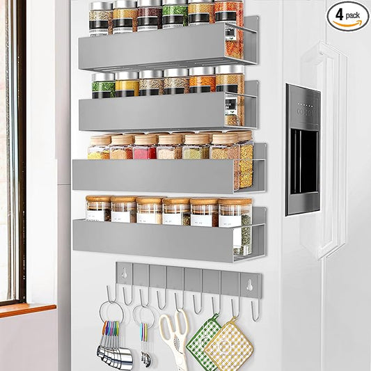 SMRCAD Magnetic Spice Rack Organizer for Fridge Seasoning Organizer for Kitchen storage with Screw Magnetic Shelf with Hook for Refrigerator and Oven (4pack1hook-Grey) by SMRCAD