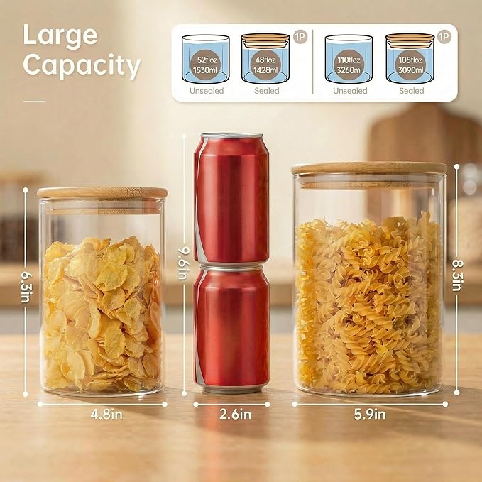 HomArtist Extra Large Glass Flour and Sugar Storage Containers with Airtight lid,105 floz x1 & 48 floz x1 [Set of 2] Big Glass Jars with Bamboo Lids, Air Tight Food Jar for Cereal, Pasta, Rice, Coffee - Image 3