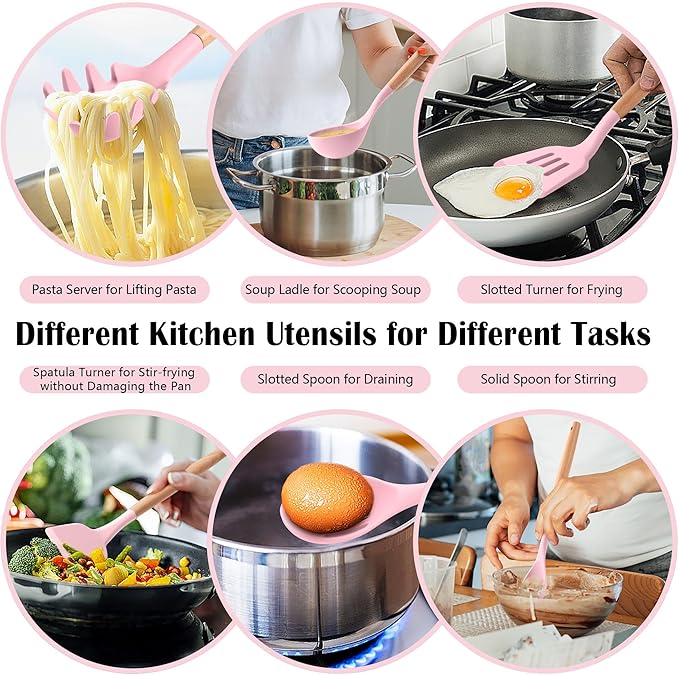 HaWare Kitchen Cooking Utensils Set, 23-Piece Silicone Kitchen Utensils Spatula Set with Holder, Heat Resistant Wooden Handle Kitchen Gadget for Nonstick Cookware, Food-grade Turner Spoon Sets (Pink) - Image 5