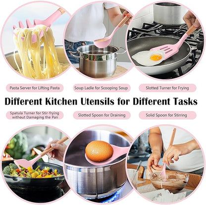 HaWare Kitchen Cooking Utensils Set, 23-Piece Silicone Kitchen Utensils Spatula Set with Holder, Heat Resistant Wooden Handle Kitchen Gadget for Nonstick Cookware, Food-grade Turner Spoon Sets (Pink) - Image 5