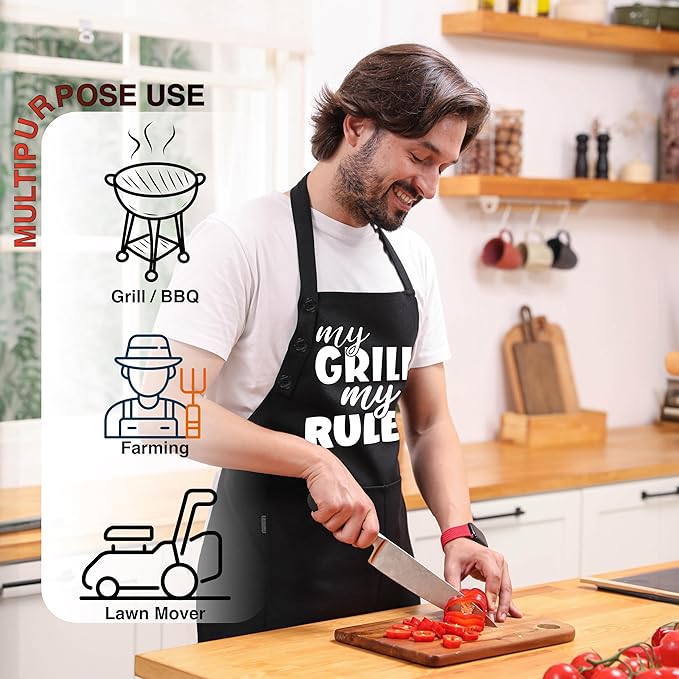TOSHE Funny Apron Waterdrop Resistant Cotton Apron with adjustable Aprons for Women with Pockets 12 Color option Cooking (Black - My Grill My Rules) - Image 3