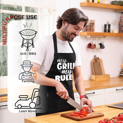 TOSHE Funny Apron Waterdrop Resistant Cotton Apron with adjustable Aprons for Women with Pockets 12 Color option Cooking (Black - My Grill My Rules) - Image 3