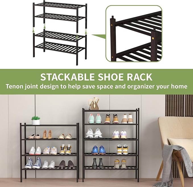 ROMGUAR CRAFT 4 Tier Bamboo Shoe Rack for Closet Free Standing Wood Shoe Shelf for Entryway Small Space Stackable 27"x11"x26" (Brown) - Image 5