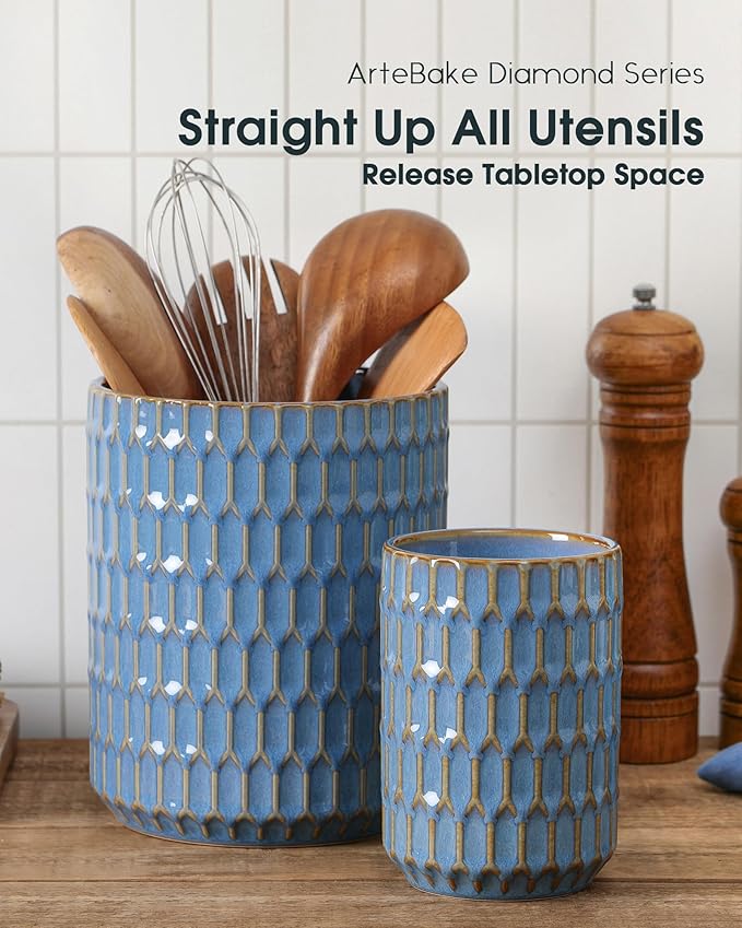 Utensil Holder, 7.5"+5.3" Ceramic Kitchen Utensil Holder for Countertop, Large Cooking Utensil Crock for Kitchen Counter, Set of 2, Blue - Image 4