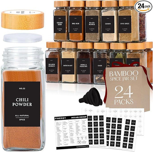 Bamboo Glass Spice Jars with Label and Shaker Lids Clear Empty 4oz 24 Pack Bottles Set, Square Glass Spice Containers with Labels Black, Seasoning Organizer Jars, Seasoning Containers with Labels Set by Finessy