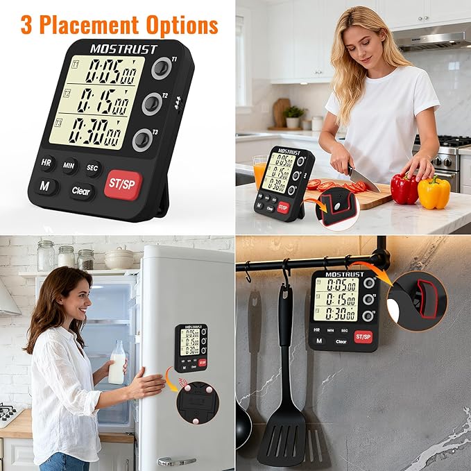 Digital Dual Kitchen Timer, 3 Channels Triple Countdown Timer for Cooking, Magnetic Memory-Preset Large Display Adjustable Volume, Multi Time Management, 3A Battery Included, Black - Image 3