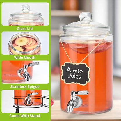 1 Gallon Beverage Dispenser 1 Pack, Stainless Steel Spigot Drink Dispenser for Parties with Stand, Clear Glass Drink Container Easy to Refill and Clean